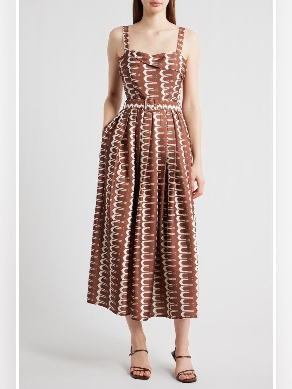 Ciebon Edia Geo Print Belted Midi Dress Size Small Brown Cream Sleeveless